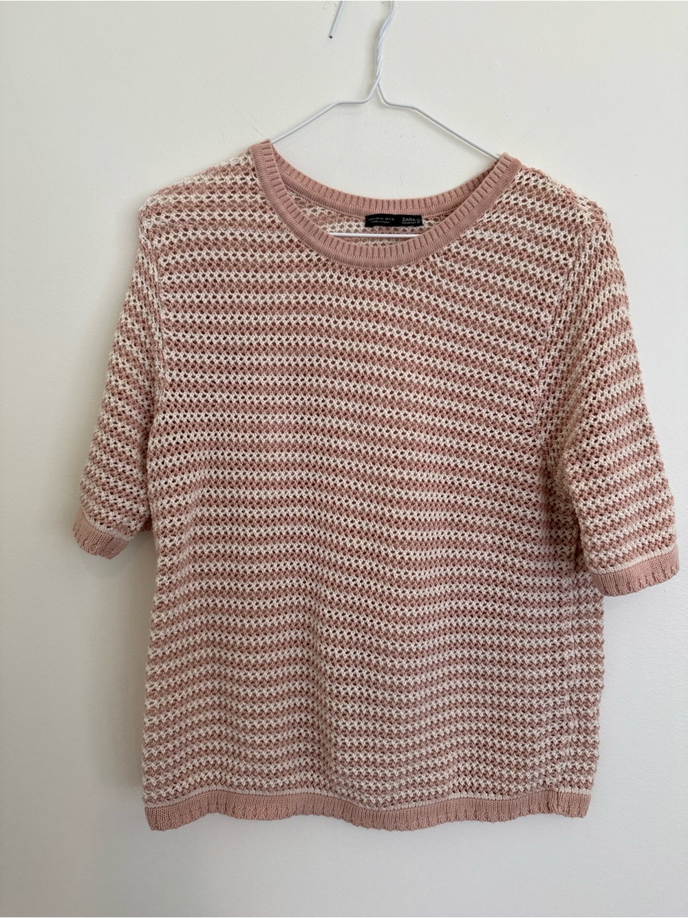 Zara Blush Pink & Cream Open-Knit Short Sleeve Sweater